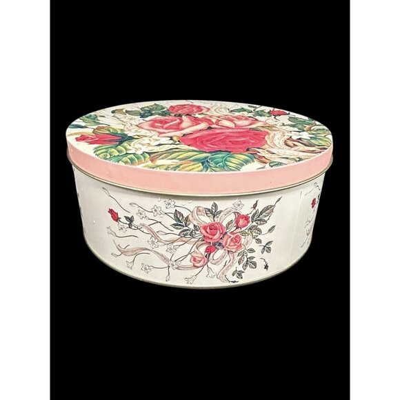 Vintage Pink Roses Collector Tin 10" x 4" Excellent Graphics Cottagecore Granny - Picture 2 of 8